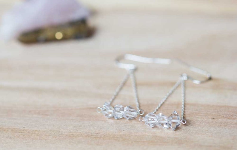 Herkimer Diamond Earrings, Delicate Crystal Quartz Chain Dangle Earrings, Herkimer Diamond Jewelry, Rose Gold Filled or Sterling Silver