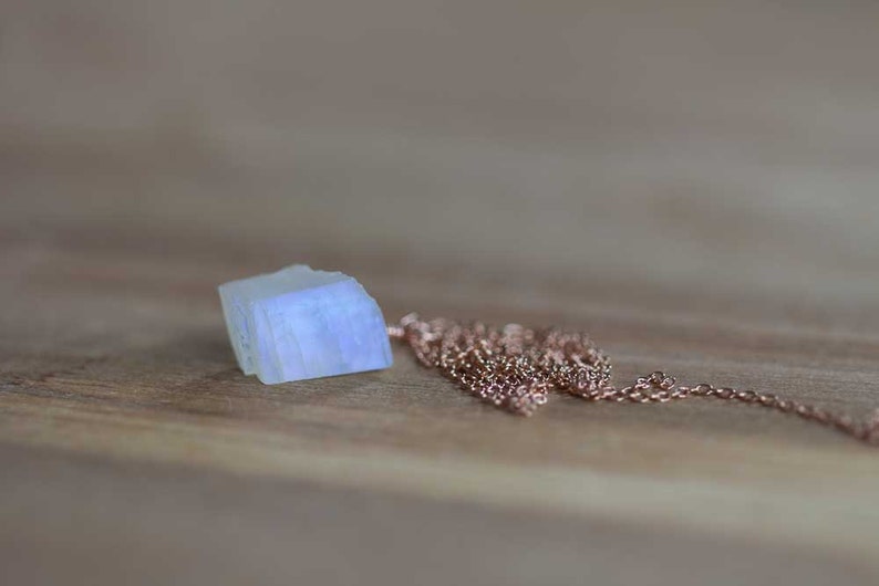Raw Moonstone Necklace on Sterling Silver or Rose Gold Filled Chain, Raw Rainbow Moonstone Pendant, Rough Moonstone Jewelry, Oxidized Silver