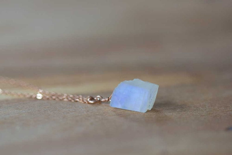 Raw Moonstone Necklace on Sterling Silver or Rose Gold Filled Chain, Raw Rainbow Moonstone Pendant, Rough Moonstone Jewelry, Oxidized Silver