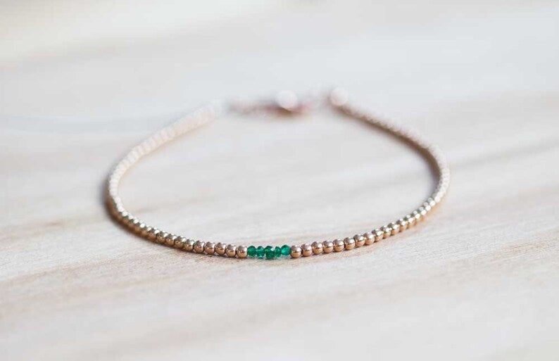 Delicate Rose Gold Filled Bracelet with Green Tourmaline, Dainty Skinny Beaded Chrome Tourmaline Jewelry, Sterling Silver