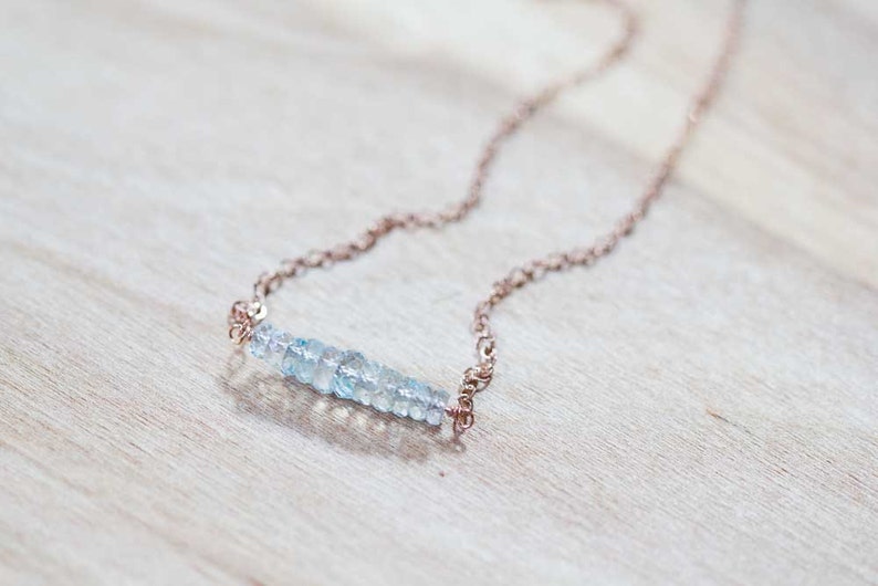 Aquamarine Bar Necklace on Rose Gold Filled, Oxidized Sterling or Sterling Silver Chain, Delicate Aquamarine Jewelry, Blue Gemstone