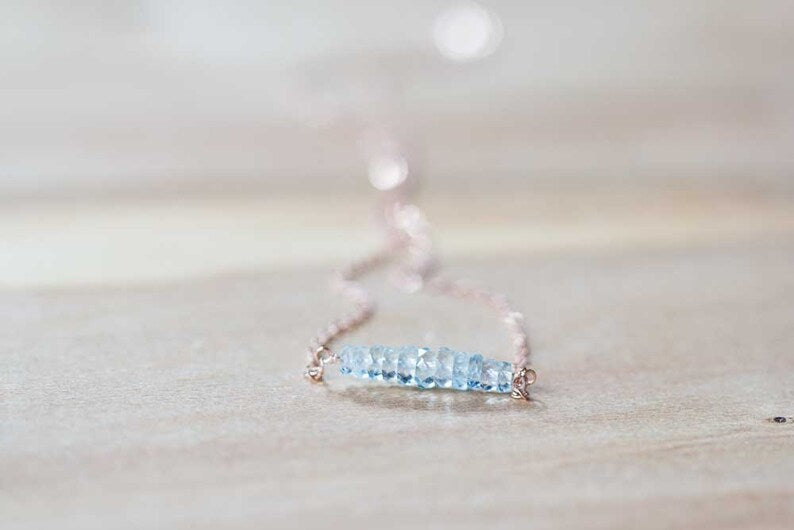 Aquamarine Bar Necklace on Rose Gold Filled, Oxidized Sterling or Sterling Silver Chain, Delicate Aquamarine Jewelry, Blue Gemstone