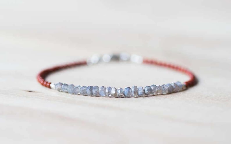 Red Jasper and Labradorite Bracelet, Delicate Gemstone Skinny Bracelet, Labradorite Jewelry, Sterling Silver Red Gemstone Stackable Bracelet