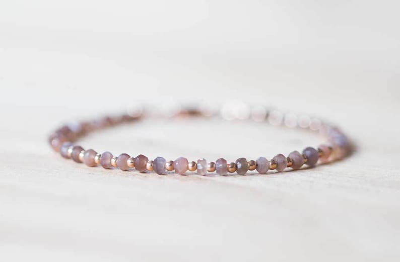 Chocolate Moonstone Bracelet with Rose Gold Fill or Sterling Silver, Delicate Gemstone Beaded Bracelet, Peach Brown Coffee Moonstone Jewelry