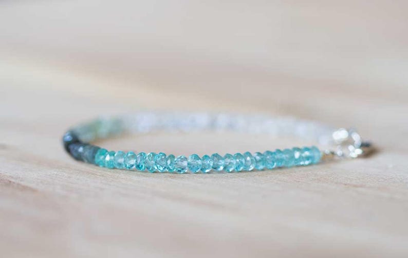 Moss Aquamarine, Apatite & Rainbow Moonstone Bracelet, Beaded Multi Gemstone Blue Green Ombre Bracelet, Sterling Silver Rose Gold Fill