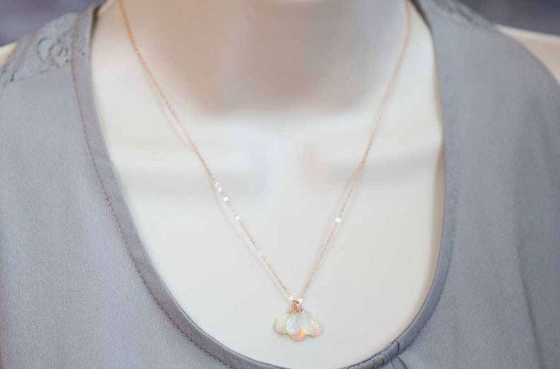 Opal Cluster Pendant on Gold Filled or Sterling Silver Chain, Delicate Ethiopian Welo Opal Necklace, October Birthstone Jewelry, Rose Gold