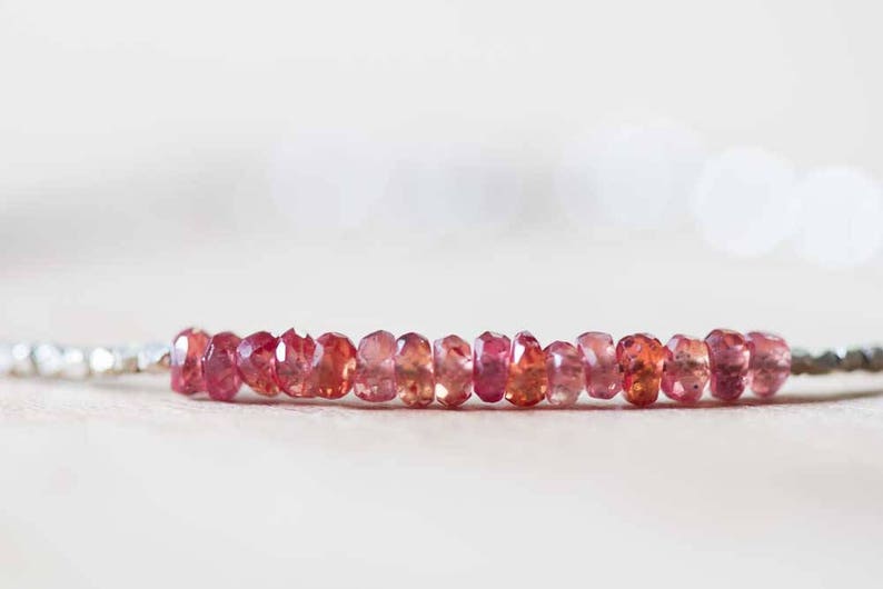 Ultra Delicate Fine Silver Bracelet with Padparadscha Sapphire, Skinny Karen Hill Tribe Beaded Stacking Bracelet, Sterling Silver Jewelry