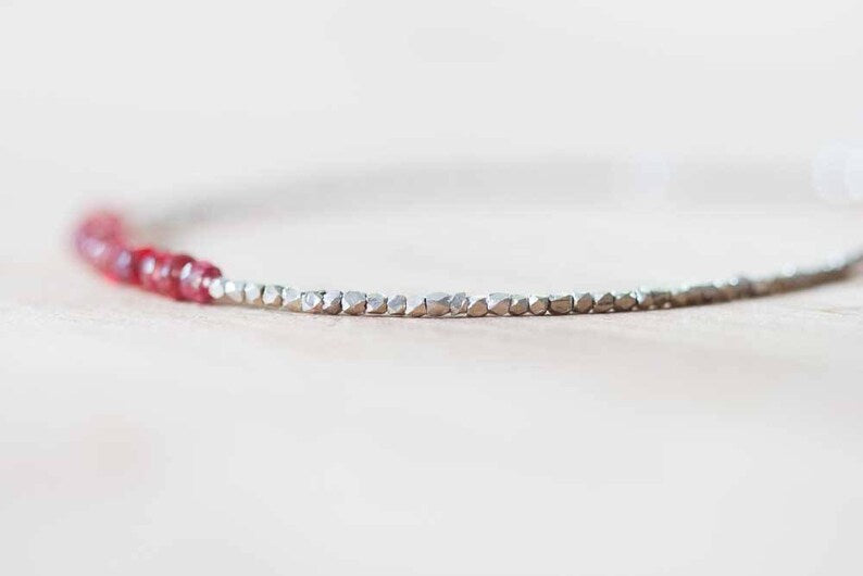 Ultra Delicate Fine Silver Bracelet with Padparadscha Sapphire, Skinny Karen Hill Tribe Beaded Stacking Bracelet, Sterling Silver Jewelry