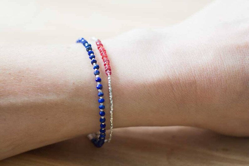 Ultra Delicate Fine Silver Bracelet with Padparadscha Sapphire, Skinny Karen Hill Tribe Beaded Stacking Bracelet, Sterling Silver Jewelry