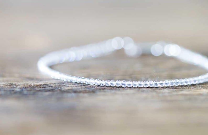 Dainty Clear Quartz Bracelet, Beaded Rock Crystal Quartz April Birthstone Jewelry, Stacking Bracelet, Rose Gold Fill Sterling Silver