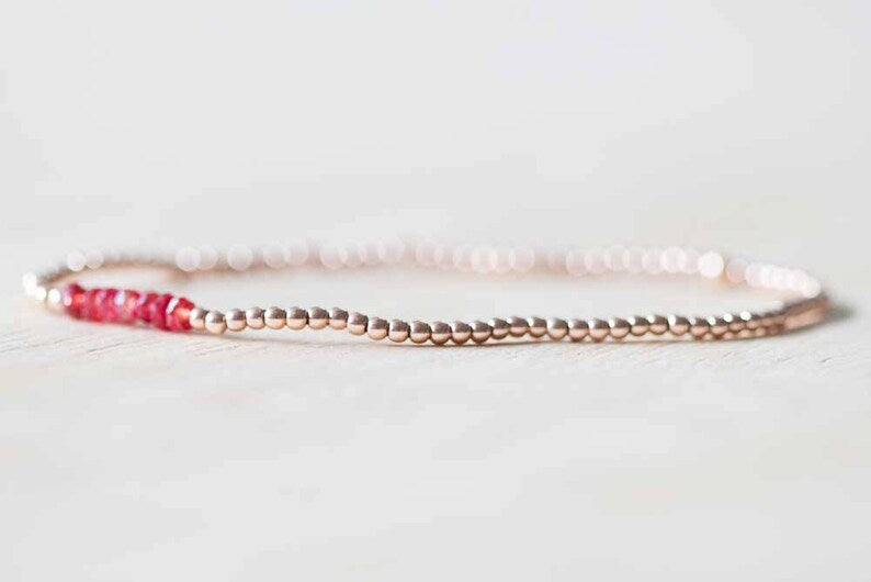 Padparadscha Stretch Bracelet with Rose Gold Fill or Sterling Silver, Delicate Beaded Red Sapphire Elastic Jewelry