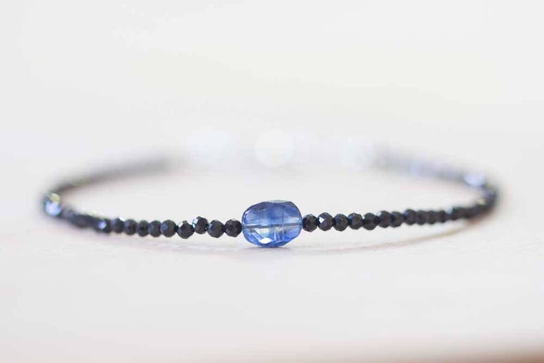 Delicate Black Spinel Bracelet with Kyanite, Tiny Black Gemstone Skinny Stacking Bracelet, Blue Kyanite Jewelry, Black Spinel Jewelry