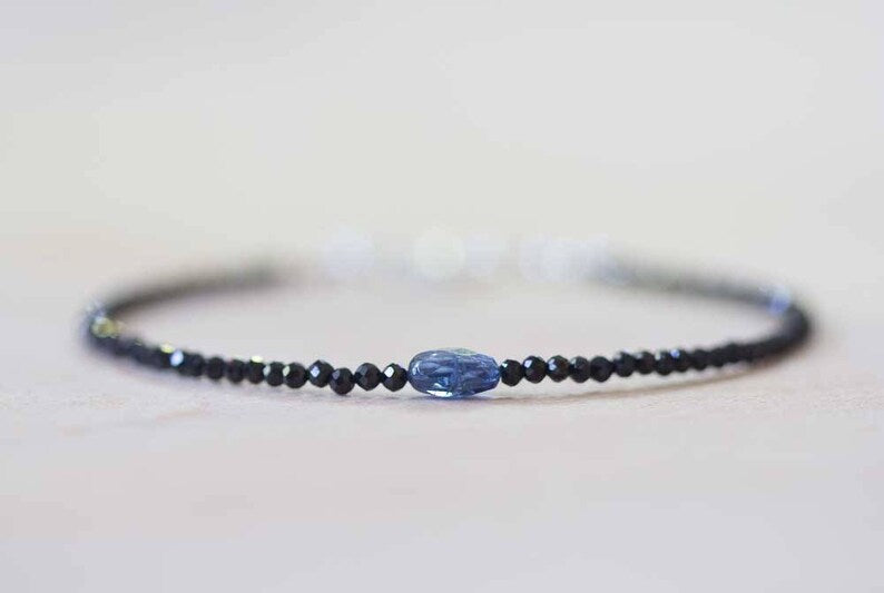 Delicate Black Spinel Bracelet with Kyanite, Tiny Black Gemstone Skinny Stacking Bracelet, Blue Kyanite Jewelry, Black Spinel Jewelry