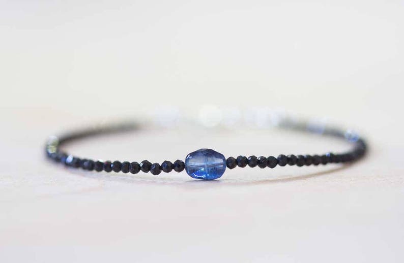 Delicate Black Spinel Bracelet with Kyanite, Tiny Black Gemstone Skinny Stacking Bracelet, Blue Kyanite Jewelry, Black Spinel Jewelry