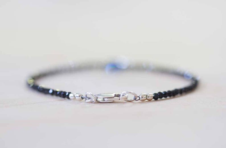 Delicate Black Spinel Bracelet with Kyanite, Tiny Black Gemstone Skinny Stacking Bracelet, Blue Kyanite Jewelry, Black Spinel Jewelry