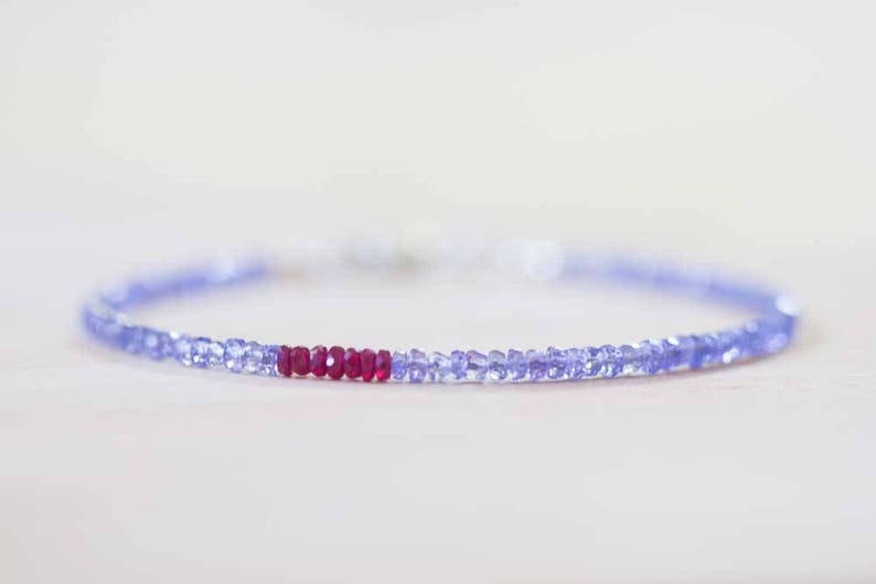Tanzanite Bracelet with Ruby, Delicate Multi Gemstone Stacking Skinny Bracelet, Tanzanite Jewelry, December July Birthstone, Genuine Ruby
