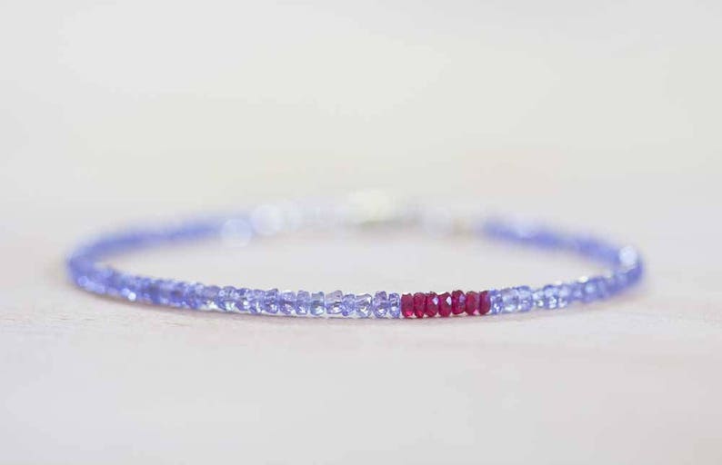 Tanzanite Bracelet with Ruby, Delicate Multi Gemstone Stacking Skinny Bracelet, Tanzanite Jewelry, December July Birthstone, Genuine Ruby