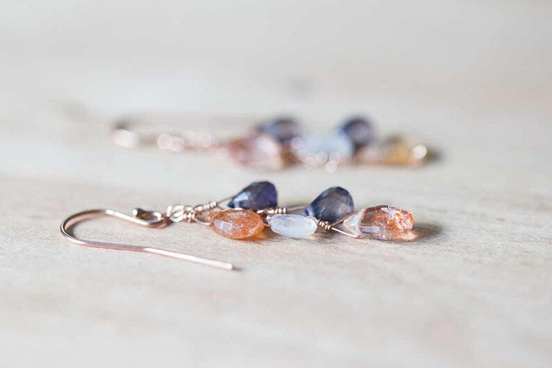 Iolite, Moonstone & Sunstone Earrings, Delicate Multi Gemstone Dangle Earrings, Iolite Jewelry, Rose Gold Filled or Sterling Silver