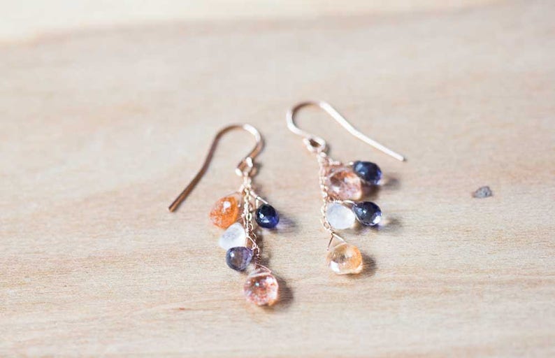 Iolite, Moonstone & Sunstone Earrings, Delicate Multi Gemstone Dangle Earrings, Iolite Jewelry, Rose Gold Filled or Sterling Silver