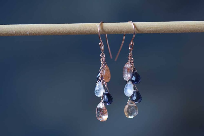Iolite, Moonstone & Sunstone Earrings, Delicate Multi Gemstone Dangle Earrings, Iolite Jewelry, Rose Gold Filled or Sterling Silver