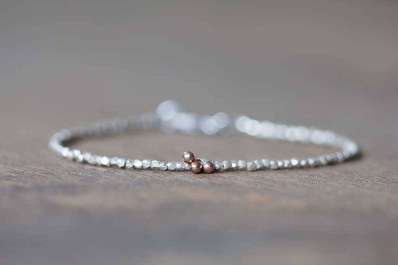 Delicate Fine Silver Bracelet with Rose Gold Vermeil, Skinny Sterling Silver Stacking Bracelet, Minimal Mixed Metal Jewelry, Everyday