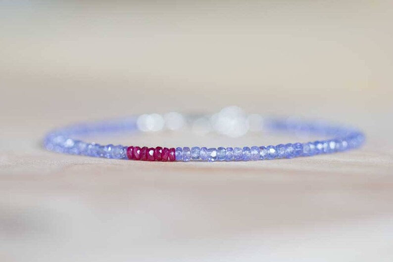 Tanzanite Bracelet with Ruby, Delicate Multi Gemstone Stacking Skinny Bracelet, Tanzanite Jewelry, December July Birthstone, Genuine Ruby