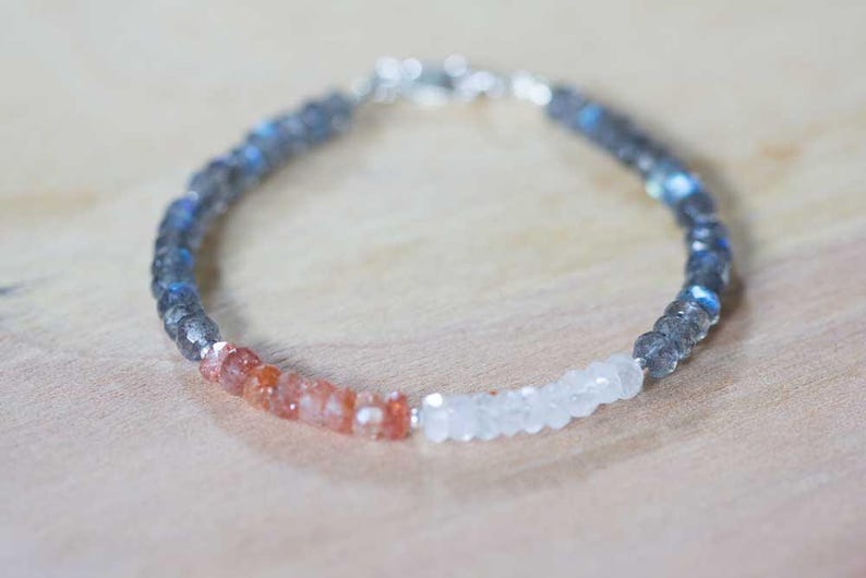 Labradorite, Rainbow Moonstone & Sunstone Bracelet, Labradorite Jewelry, Gemstone Stacking Bracelet, Sterling Silver Rose Gold Filled