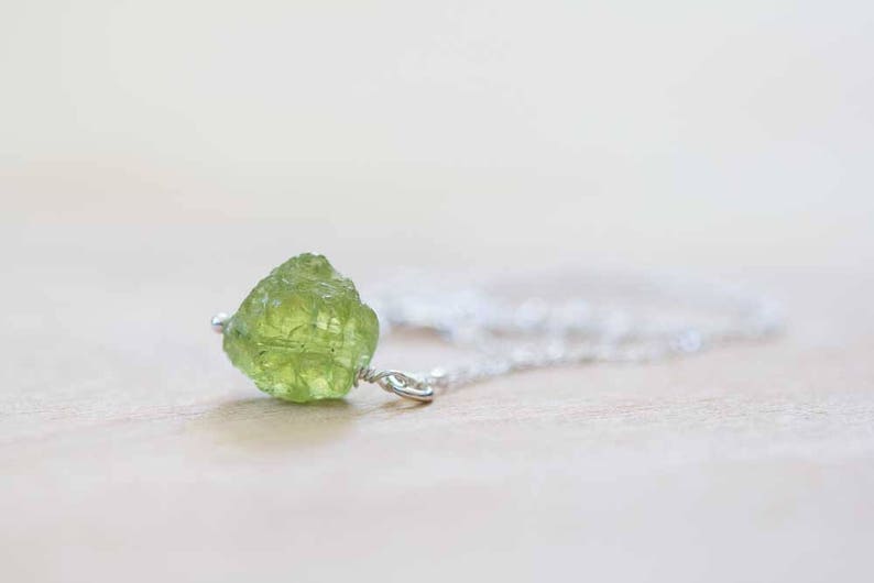 Rough Peridot Necklace on Sterling Silver or Rose Gold Filled Chain, Small Raw Peridot Pendant, Green Gemstone Jewelry, August Birthstone