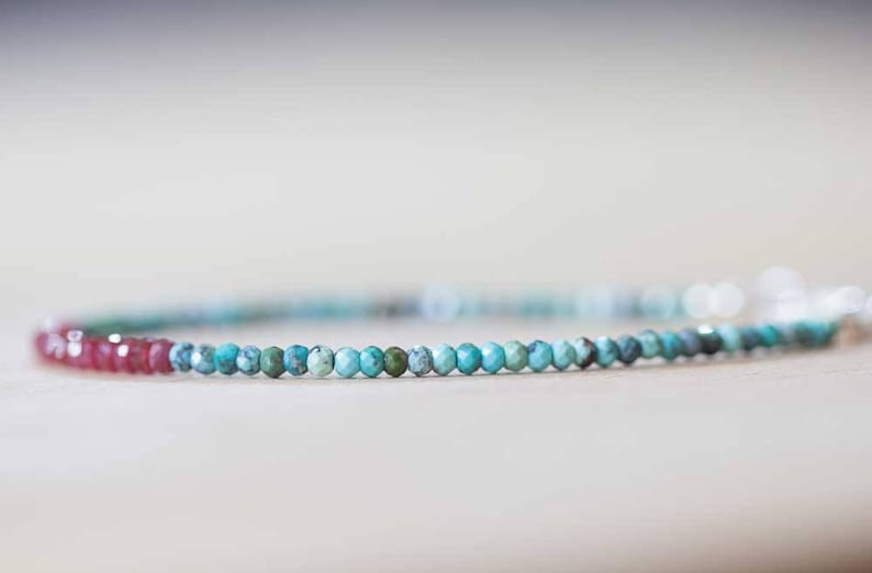 Dainty Turquoise & Ruby Bracelet, Delicate Beaded Multi Gemstone Jewelry, December July Genuine Birthstone