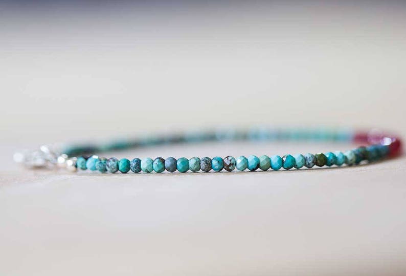 Dainty Turquoise & Ruby Bracelet, Delicate Beaded Multi Gemstone Jewelry, December July Genuine Birthstone