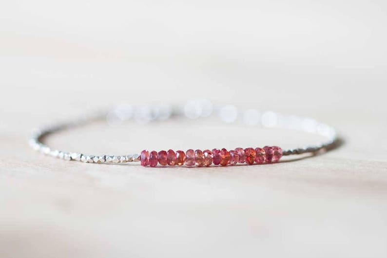 Ultra Delicate Fine Silver Bracelet with Padparadscha Sapphire, Skinny Karen Hill Tribe Beaded Stacking Bracelet, Sterling Silver Jewelry