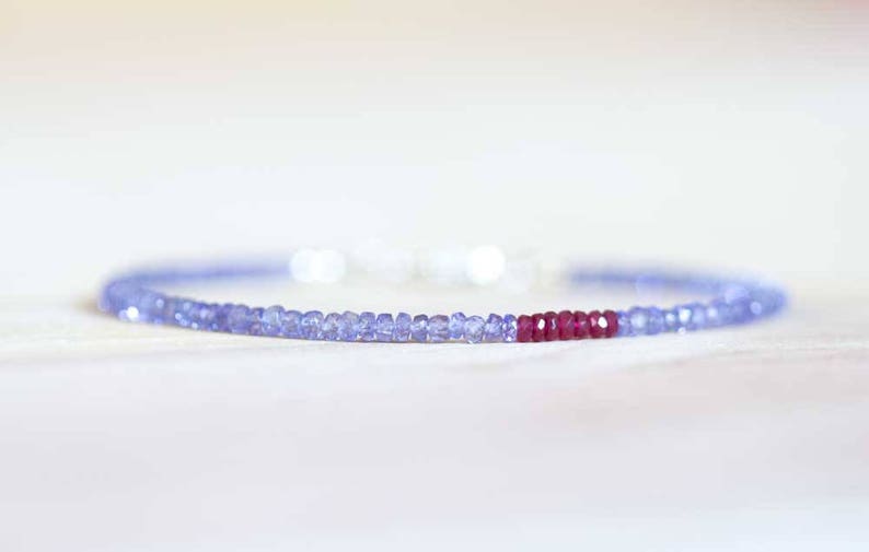 Tanzanite Bracelet with Ruby, Delicate Multi Gemstone Stacking Skinny Bracelet, Tanzanite Jewelry, December July Birthstone, Genuine Ruby