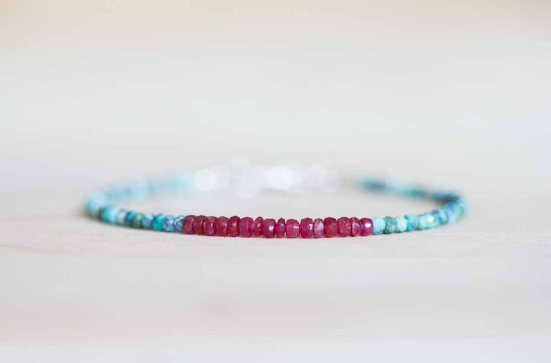 Dainty Turquoise & Ruby Bracelet, Delicate Beaded Multi Gemstone Jewelry, December July Genuine Birthstone