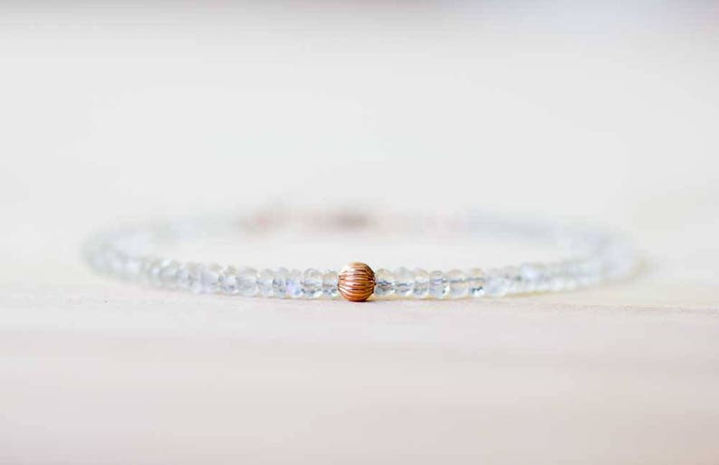Ceylon Moonstone Bracelet with Rose Gold Filled or Sterling Silver, Beaded Moonstone Jewelry, White Gemstone Stacking, June Birthstone