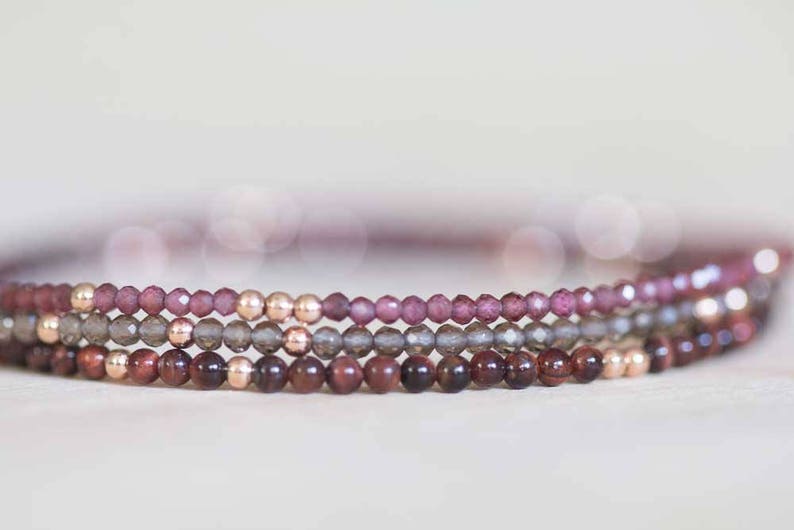 Smoky Quartz, Garnet and Tiger Eye Bracelet with Rose Gold Fill or Sterling Silver, Delicate Wrap Gemstone Bracelet, Smokey Quartz Jewelry