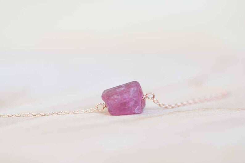 Rough Pink Tourmaline Necklace on Sterling Silver or Rose Gold Filled, Delicate October Birthstone Raw Crystal Jewelry