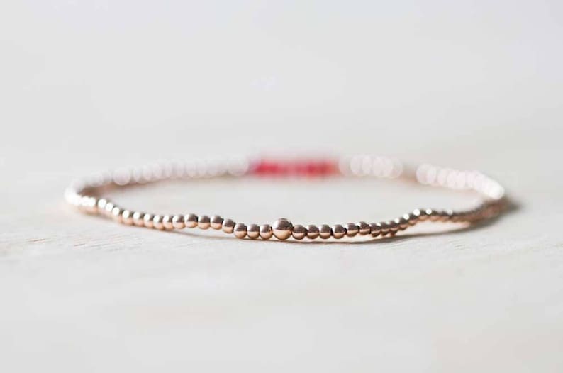 Padparadscha Stretch Bracelet with Rose Gold Fill or Sterling Silver, Delicate Beaded Red Sapphire Elastic Jewelry