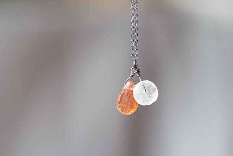 Moonstone & Sunstone Pendant on Rose Gold Filled or Sterling Silver Chain, Sunstone Necklace, Moonstone Jewelry, Oxidized Silver