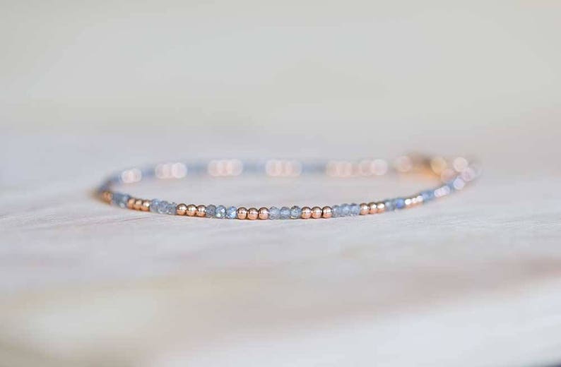 Labradorite Bracelet, Ultra Delicate Minimal Stacking Beaded Grey Gemstone Jewelry, Minimalist Super Skinny, Sterling Silver Rose Gold Fill