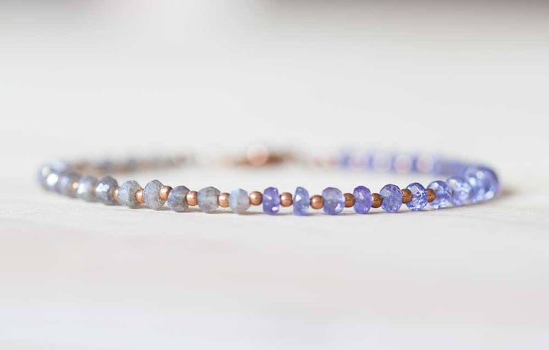 Labradorite & Tanzanite Bracelet with Rose Gold Fill or Sterling Silver, Dainty Natural Gemstone Jewelry