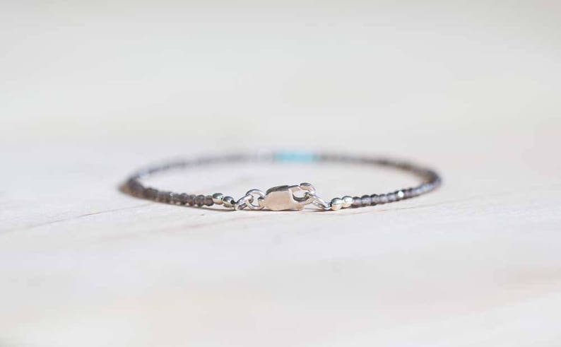 Smoky Quartz Bracelet with Turquoise, Ultra Delicate Beaded Gemstone Bracelet, Smokey Quartz Jewelry, Rose Gold Fill or Sterling Silver
