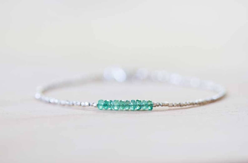 Delicate Emerald Bracelet with Fine Silver, Skinny Karen Hill Tribe Beaded Stacking Bracelet, Sterling Silver Zambian Geniue Emerald Jewelry