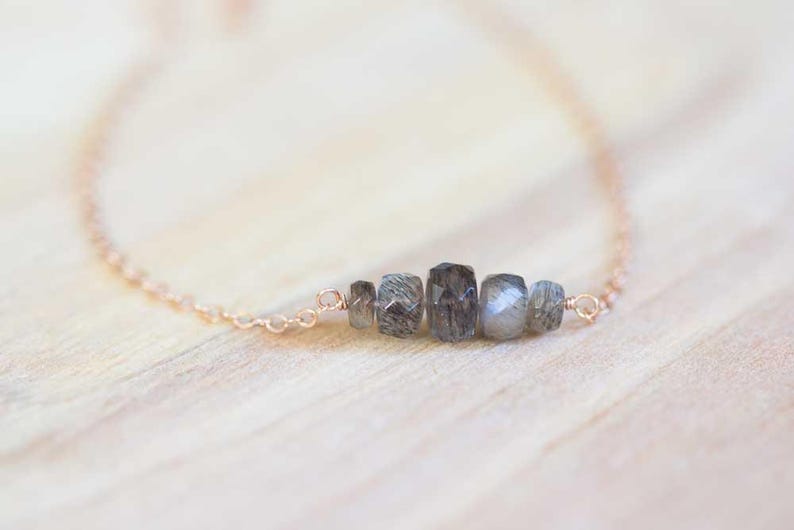 Gray Moonstone Bar Necklace on Oxidized Sterling, Sterling Silver, Yellow or Rose Gold Filled Chain, Delicate Gemstone Layering Jewelry