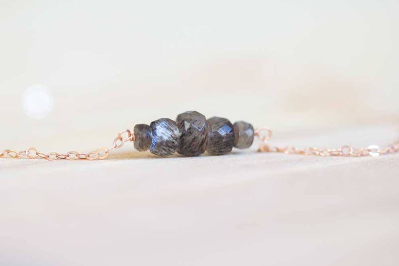 Gray Moonstone Bar Necklace on Oxidized Sterling, Sterling Silver, Yellow or Rose Gold Filled Chain, Delicate Gemstone Layering Jewelry