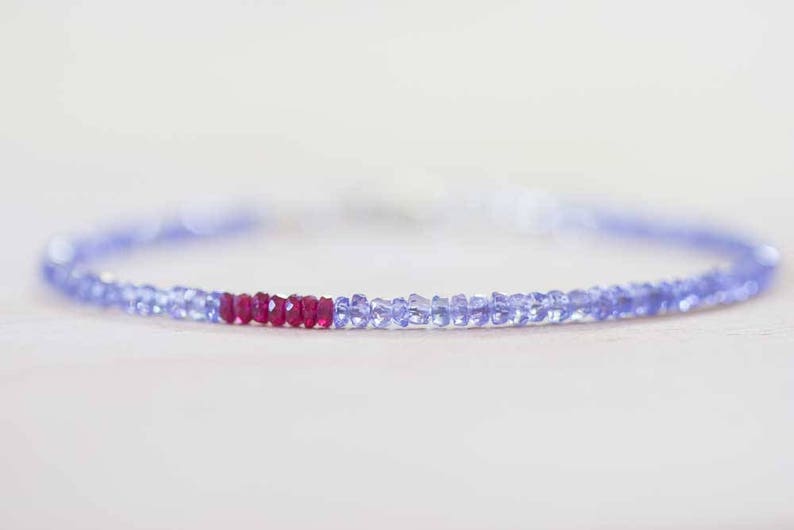 Tanzanite Bracelet with Ruby, Delicate Multi Gemstone Stacking Skinny Bracelet, Tanzanite Jewelry, December July Birthstone, Genuine Ruby