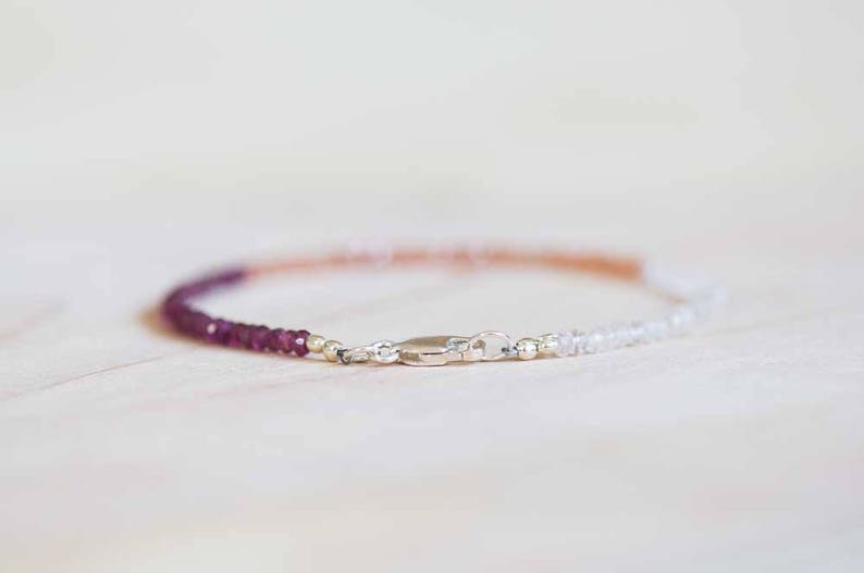 Sunstone, Rose Quartz and Garnet Bracelet, Delicate Beaded Stacking Multi Gemstone Jewelry, Rose Gold Fill or Sterling Silver, Rhodolite