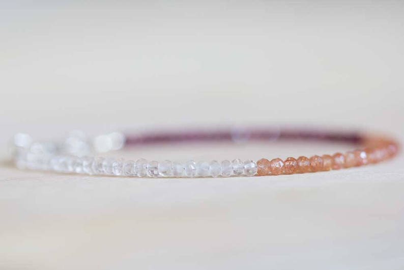 Sunstone, Rose Quartz and Garnet Bracelet, Delicate Beaded Stacking Multi Gemstone Jewelry, Rose Gold Fill or Sterling Silver, Rhodolite