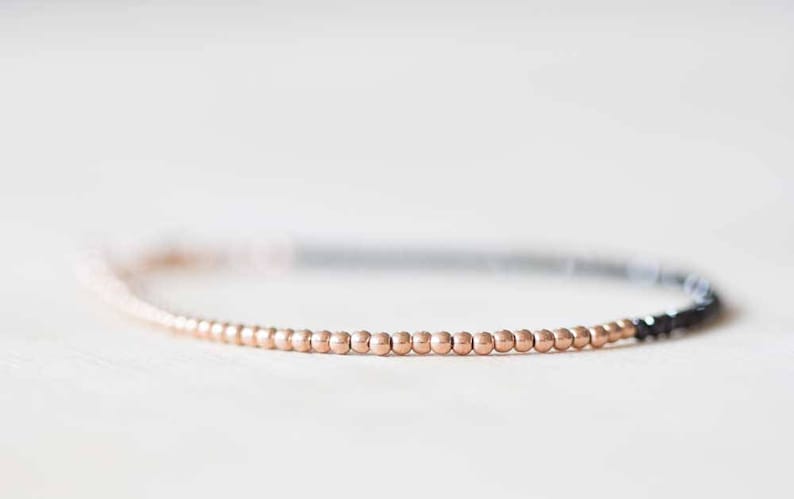 Black Spinel Bracelet, Sterling Silver or Rose Gold Filled, Delicate Black Gemstone Skinny Stacking Bracelet, Tiny Faceted Beads Jewelry