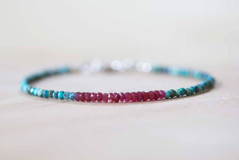 Dainty Turquoise & Ruby Bracelet, Delicate Beaded Multi Gemstone Jewelry, December July Genuine Birthstone