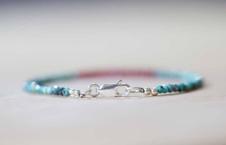 Dainty Turquoise & Ruby Bracelet, Delicate Beaded Multi Gemstone Jewelry, December July Genuine Birthstone